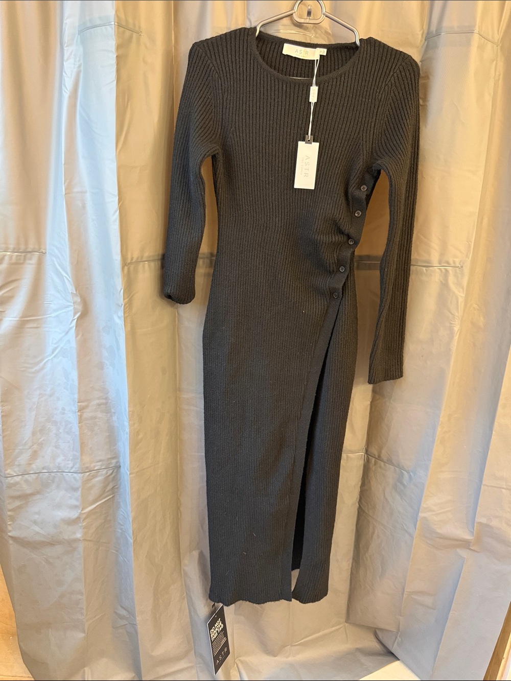 Astr Ribbed Button-Side Long Sleeve Dress - Black